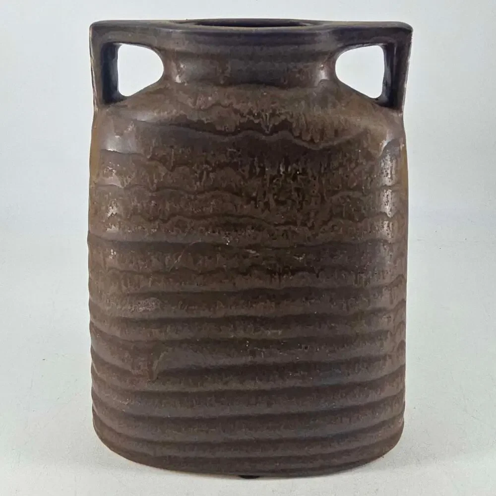 Vintage PIER 1 Aged Bronze brown ribbed pottery vase decor